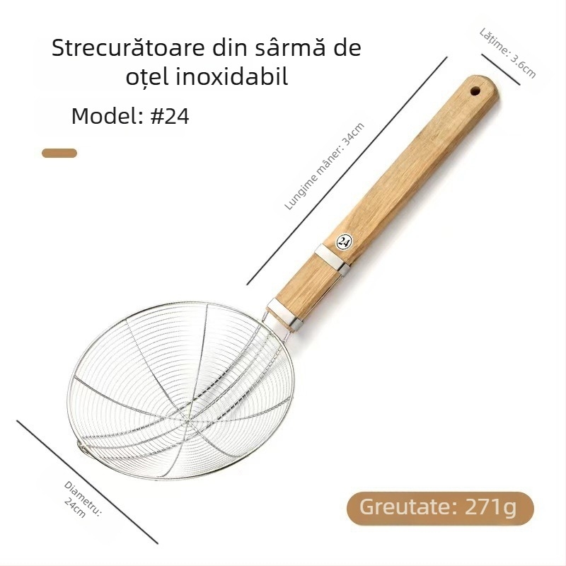 Sită din oțel inoxidabil cu plasă de sârmă, mâner lung, mare pentru tăiței, mâner din lemn