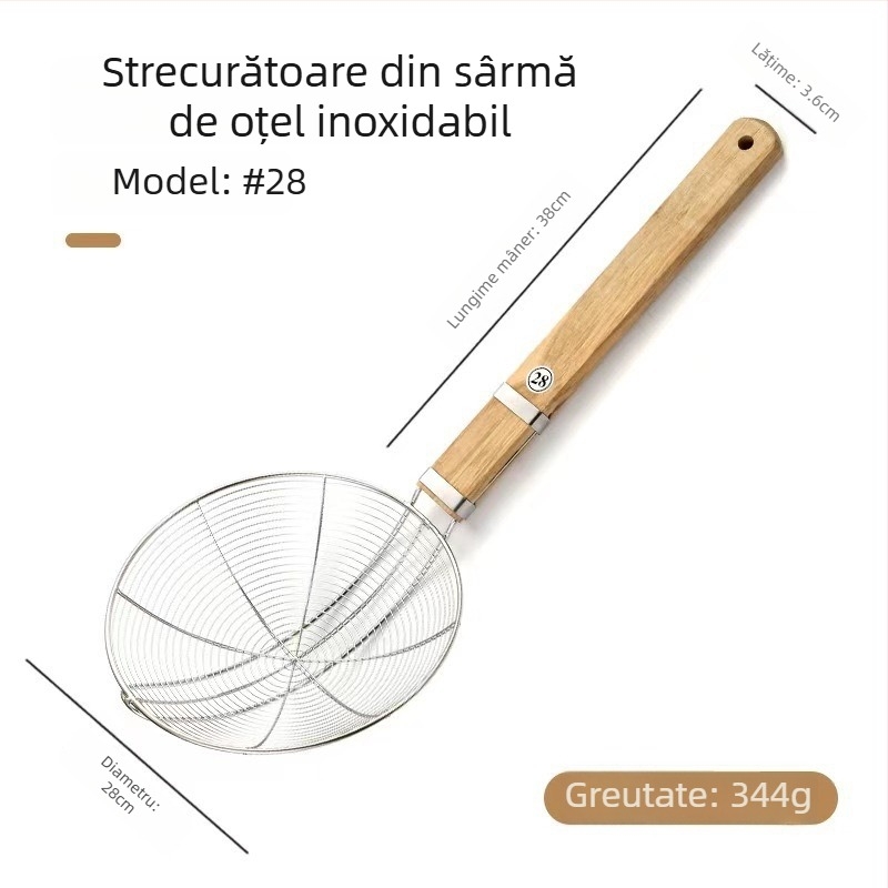 Sită din oțel inoxidabil cu plasă de sârmă, mâner lung, mare pentru tăiței, mâner din lemn