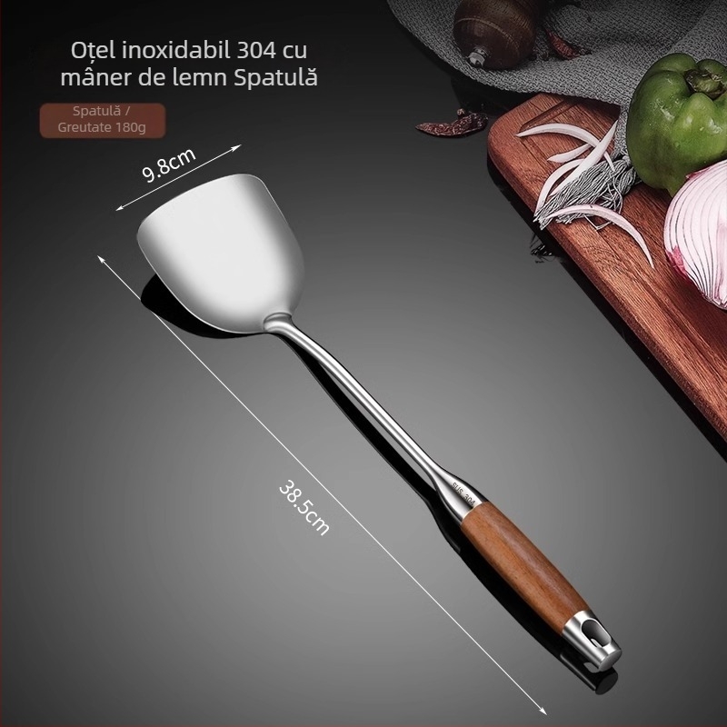 Set de șase unelte de bucătărie din oțel inoxidabil 304, cu mânere din rosewood, include lingură de supă, lingură cu sită, spatulă și lingură pentru tăiței