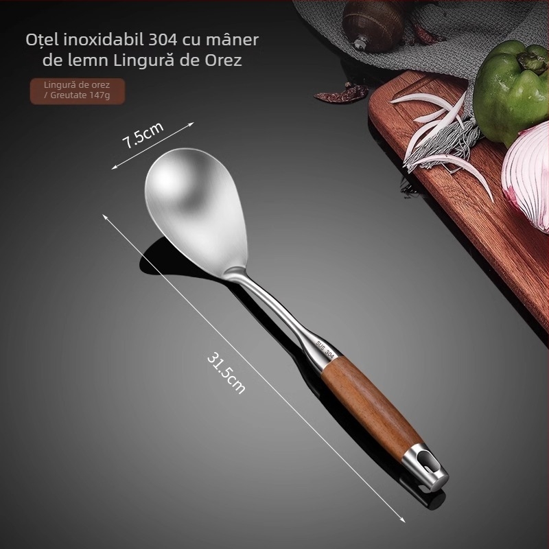 Set de șase unelte de bucătărie din oțel inoxidabil 304, cu mânere din rosewood, include lingură de supă, lingură cu sită, spatulă și lingură pentru tăiței