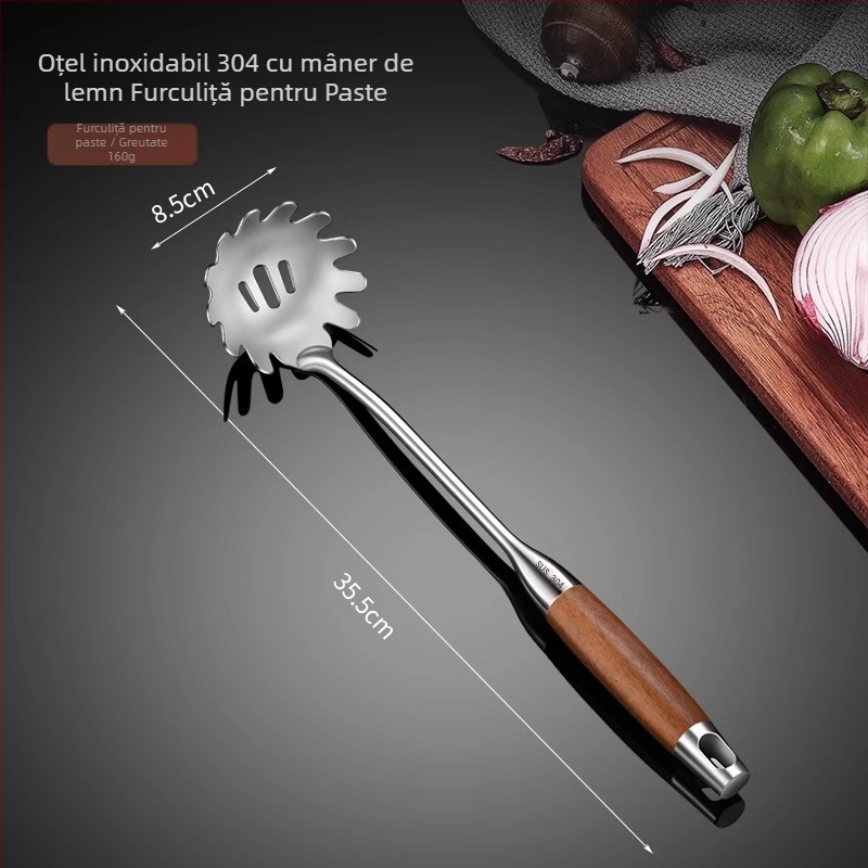 Set de șase unelte de bucătărie din oțel inoxidabil 304, cu mânere din rosewood, include lingură de supă, lingură cu sită, spatulă și lingură pentru tăiței