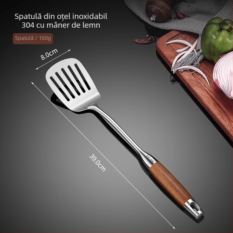 Set de șase unelte de bucătărie din oțel inoxidabil 304, cu mânere din rosewood, include lingură de supă, lingură cu sită, spatulă și lingură pentru tăiței