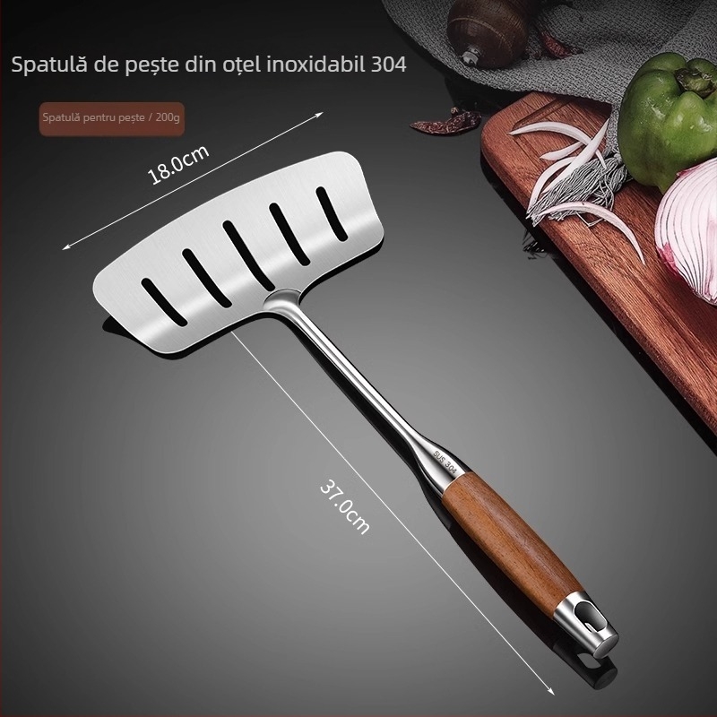 Set de șase unelte de bucătărie din oțel inoxidabil 304, cu mânere din rosewood, include lingură de supă, lingură cu sită, spatulă și lingură pentru tăiței