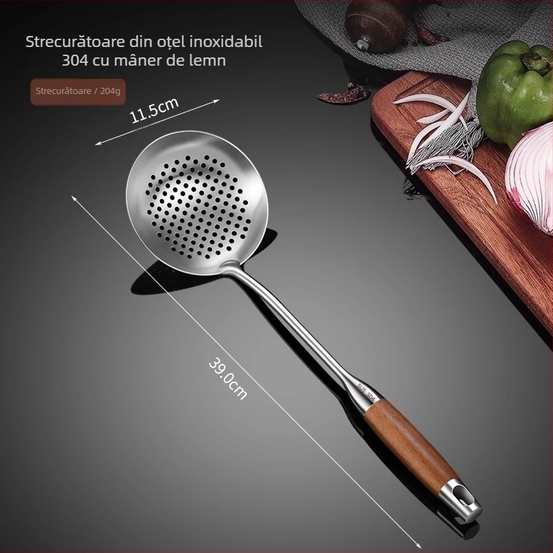 Set de șase unelte de bucătărie din oțel inoxidabil 304, cu mânere din rosewood, include lingură de supă, lingură cu sită, spatulă și lingură pentru tăiței