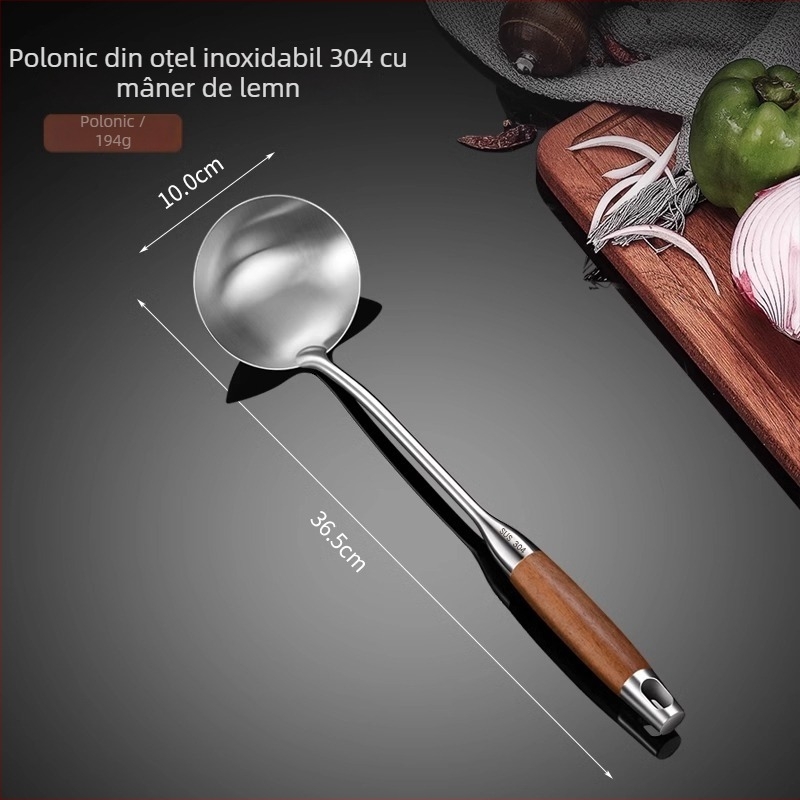 Set de șase unelte de bucătărie din oțel inoxidabil 304, cu mânere din rosewood, include lingură de supă, lingură cu sită, spatulă și lingură pentru tăiței