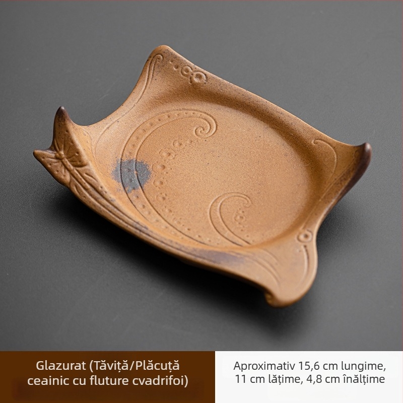 Suport ceramic pentru ceainic cu motiv dragon, tavă de ceai glazurată – accesorii vintage pentru ceremonia ceaiului