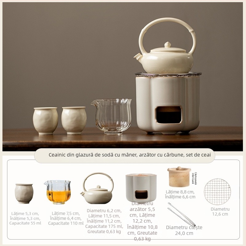 Plită ceramică pentru ceai, compactă, pentru uz casnic, cu alimentare dublă (alcool și cărbune), ceainic cu mâner