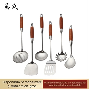 Set de ustensile de bucătărie din oțel inox cu mânere din rosewood — spatulă, lingură de supă, lingură cu găuri, sită