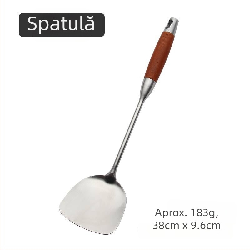 Set de ustensile de bucătărie din oțel inox cu mânere din rosewood — spatulă, lingură de supă, lingură cu găuri, sită
