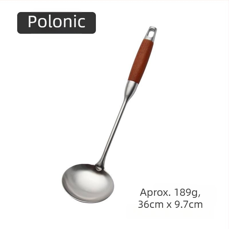 Set de ustensile de bucătărie din oțel inox cu mânere din rosewood — spatulă, lingură de supă, lingură cu găuri, sită