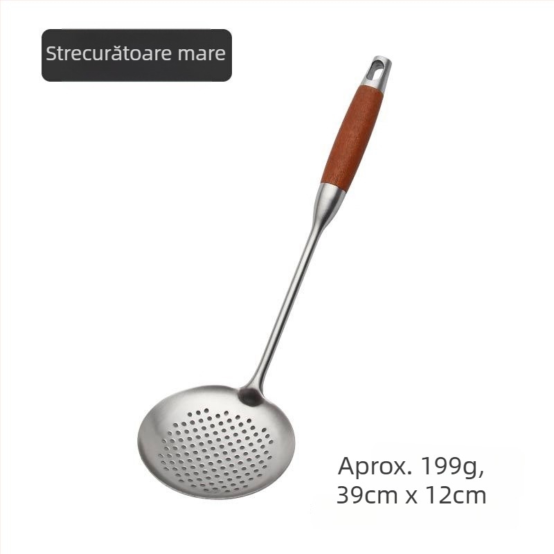 Set de ustensile de bucătărie din oțel inox cu mânere din rosewood — spatulă, lingură de supă, lingură cu găuri, sită
