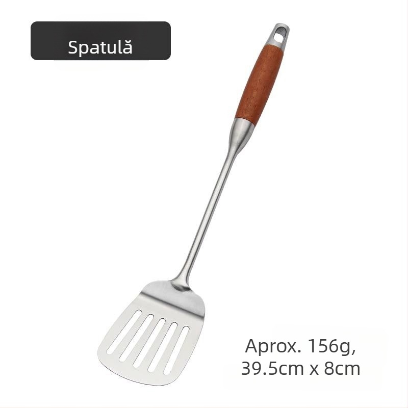 Set de ustensile de bucătărie din oțel inox cu mânere din rosewood — spatulă, lingură de supă, lingură cu găuri, sită