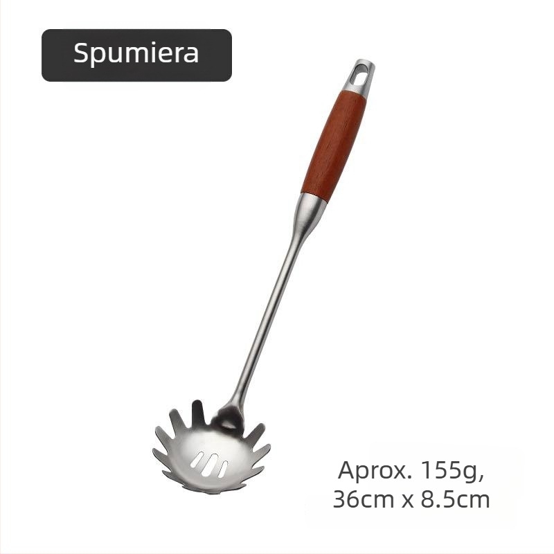 Set de ustensile de bucătărie din oțel inox cu mânere din rosewood — spatulă, lingură de supă, lingură cu găuri, sită