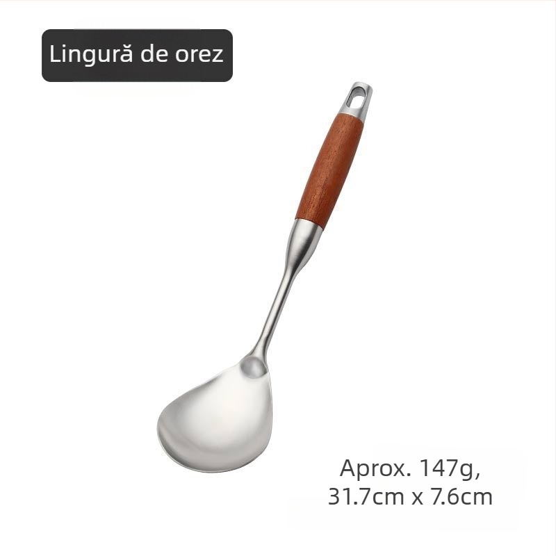 Set de ustensile de bucătărie din oțel inox cu mânere din rosewood — spatulă, lingură de supă, lingură cu găuri, sită