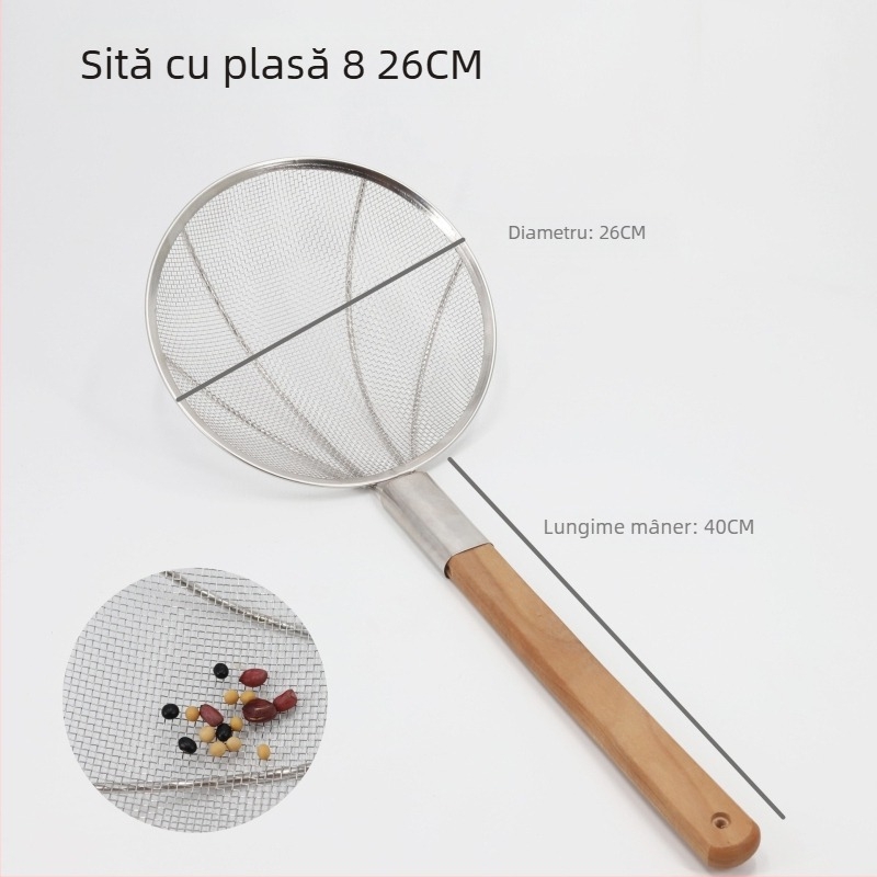 Ciur din oțel inoxidabil, cu mâner din lemn, mare, plasă cu densitate medie, întărit