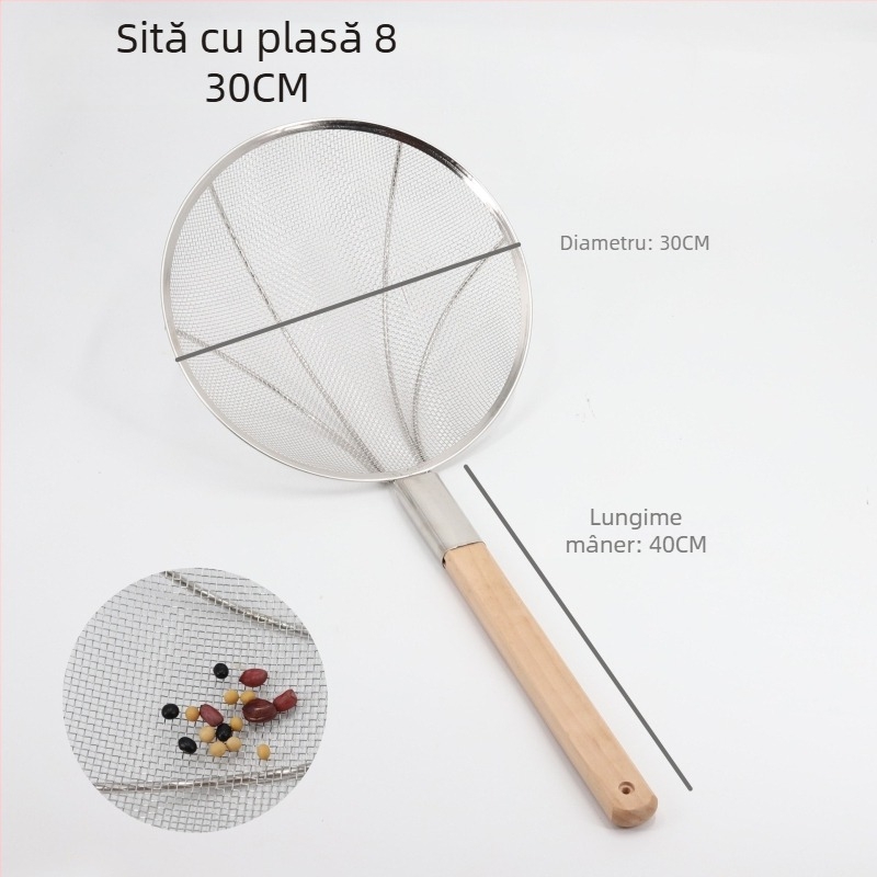 Ciur din oțel inoxidabil, cu mâner din lemn, mare, plasă cu densitate medie, întărit
