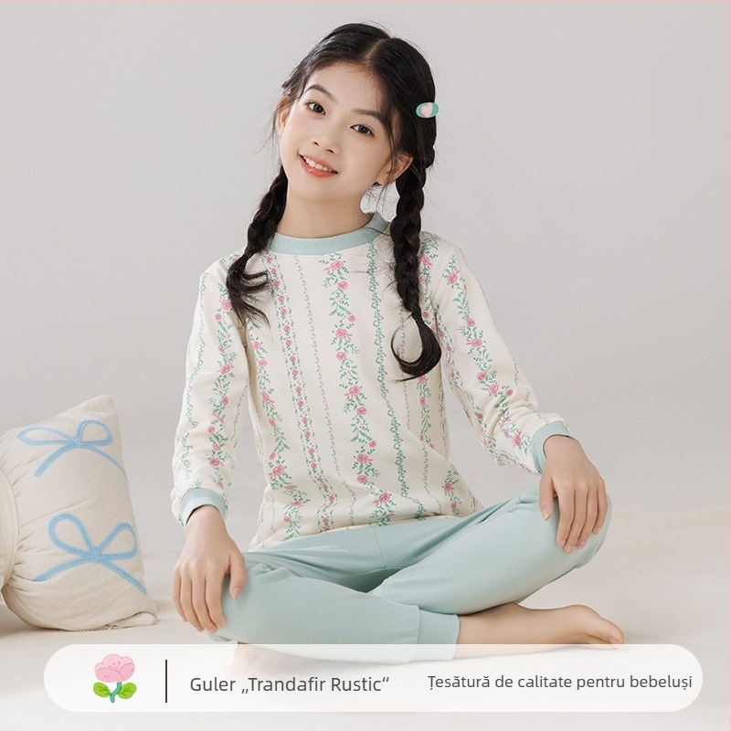 Set termic din bumbac pentru copii – Bluza cu guler rotund și pantaloni, pentru iarnă și toamnă