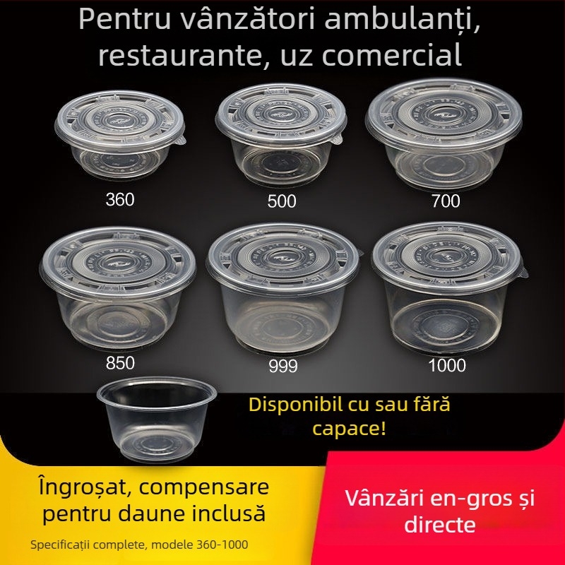 Castroane de plastic de unică folosință pentru livrări, rotunde, 360–1000 ml, cutie cu 300 bucăți