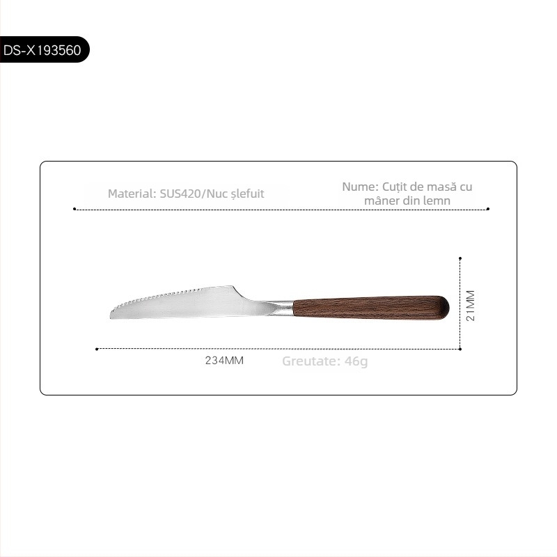 Set de tacâmuri occidentale din oțel inoxidabil 304, cu mânere din lemn de nuc, pentru uz casnic, hotelier și restaurant. Include cuțit pentru steak, furculiță, lingură și set de furculiță și lingură de desert.