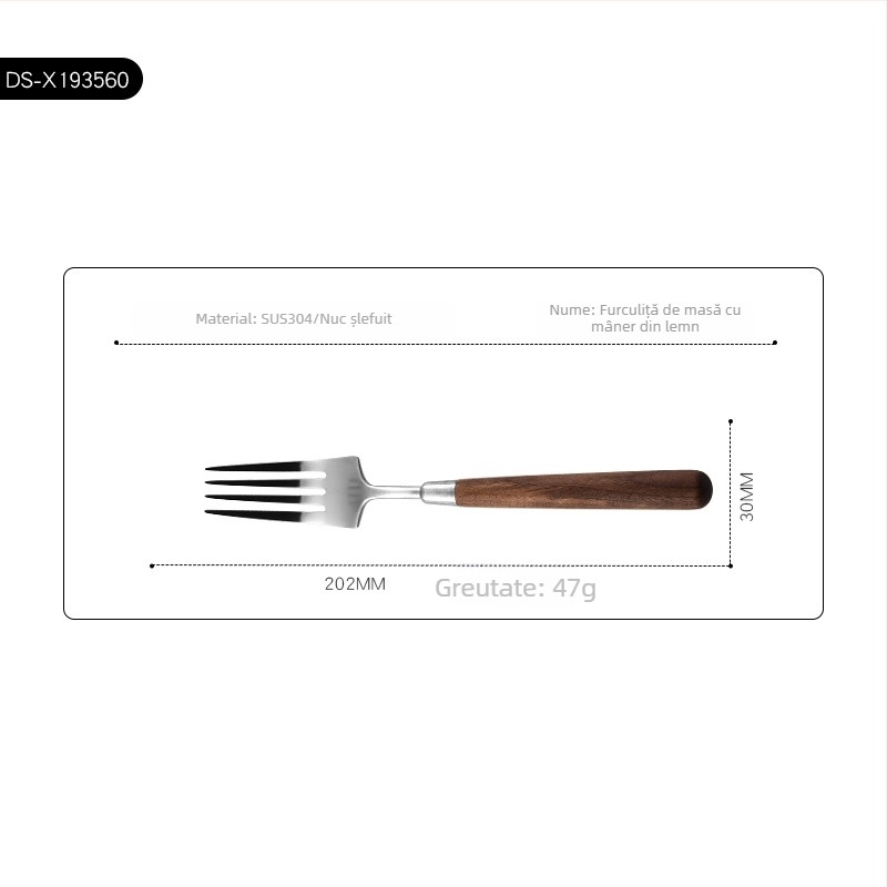 Set de tacâmuri occidentale din oțel inoxidabil 304, cu mânere din lemn de nuc, pentru uz casnic, hotelier și restaurant. Include cuțit pentru steak, furculiță, lingură și set de furculiță și lingură de desert.