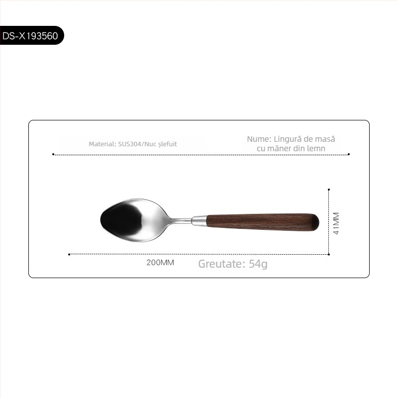 Set de tacâmuri occidentale din oțel inoxidabil 304, cu mânere din lemn de nuc, pentru uz casnic, hotelier și restaurant. Include cuțit pentru steak, furculiță, lingură și set de furculiță și lingură de desert.