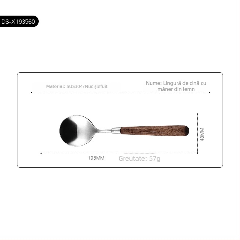 Set de tacâmuri occidentale din oțel inoxidabil 304, cu mânere din lemn de nuc, pentru uz casnic, hotelier și restaurant. Include cuțit pentru steak, furculiță, lingură și set de furculiță și lingură de desert.