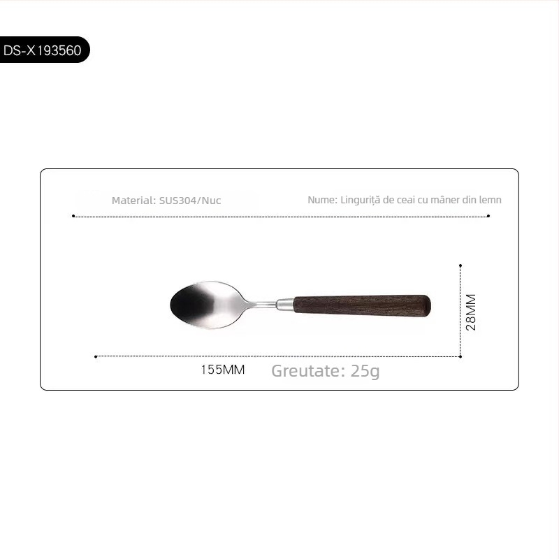 Set de tacâmuri occidentale din oțel inoxidabil 304, cu mânere din lemn de nuc, pentru uz casnic, hotelier și restaurant. Include cuțit pentru steak, furculiță, lingură și set de furculiță și lingură de desert.