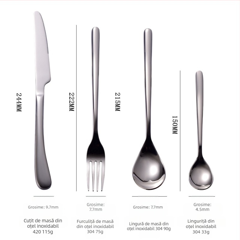 Moonlight din oțel inoxidabil 304 – set tacâmuri: cuțit, furculiță, lingură și linguriță, vesela occidentală, set de patru piese