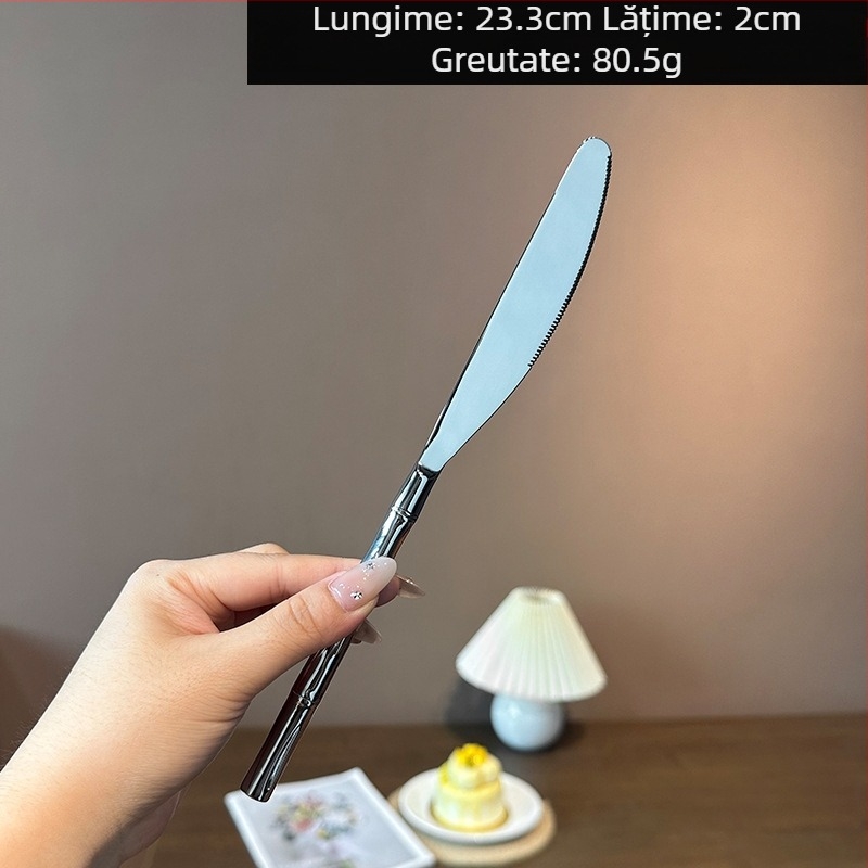 304 oțel inoxidabil, lingură forjată în stil chinezesc, cu model de bambus, set tacâmuri est-vest elegant cu cuțit, furculiță, lingură, cuțit pentru unt și furculiță de fructe