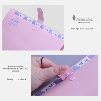Dosar în stil coreean, cu mai multe compartimente tip acordeon, orizontal, A4, organizator portabil de documente pentru elevi de gimnaziu și liceu
