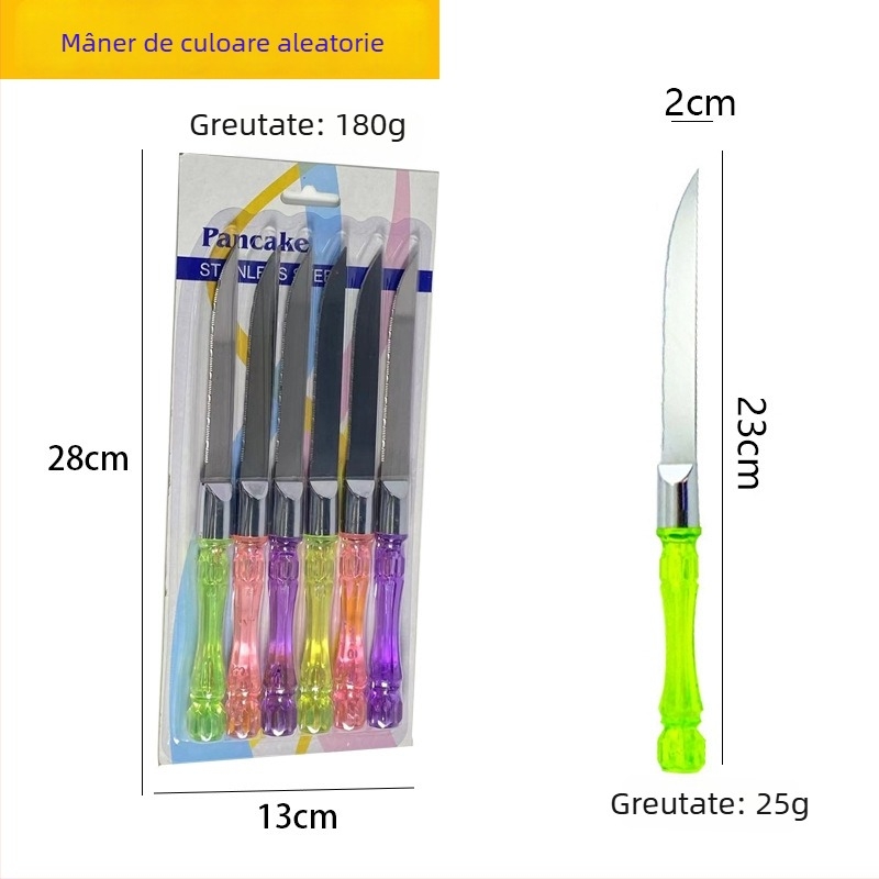 Set de cuțite din oțel inoxidabil pentru bucătărie occidentală, cu mâner din cristal – cuțit zimțat, cuțit pentru pizza și cuțit pentru brânză