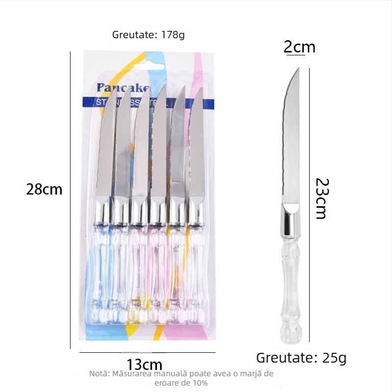 Set de cuțite din oțel inoxidabil pentru bucătărie occidentală, cu mâner din cristal – cuțit zimțat, cuțit pentru pizza și cuțit pentru brânză