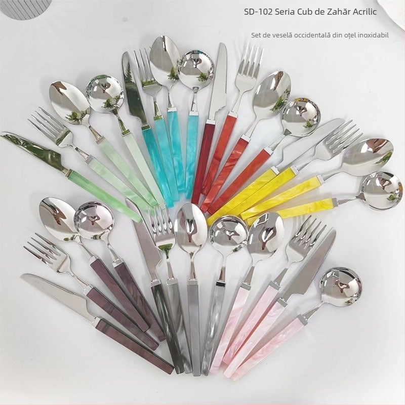 Set tacâmuri din oțel inoxidabil 304, cu mânere pătrate din acril perlat, cuțit, furculiță și lingură, design cub de zahăr, tacâmuri pentru masă de tip occidental