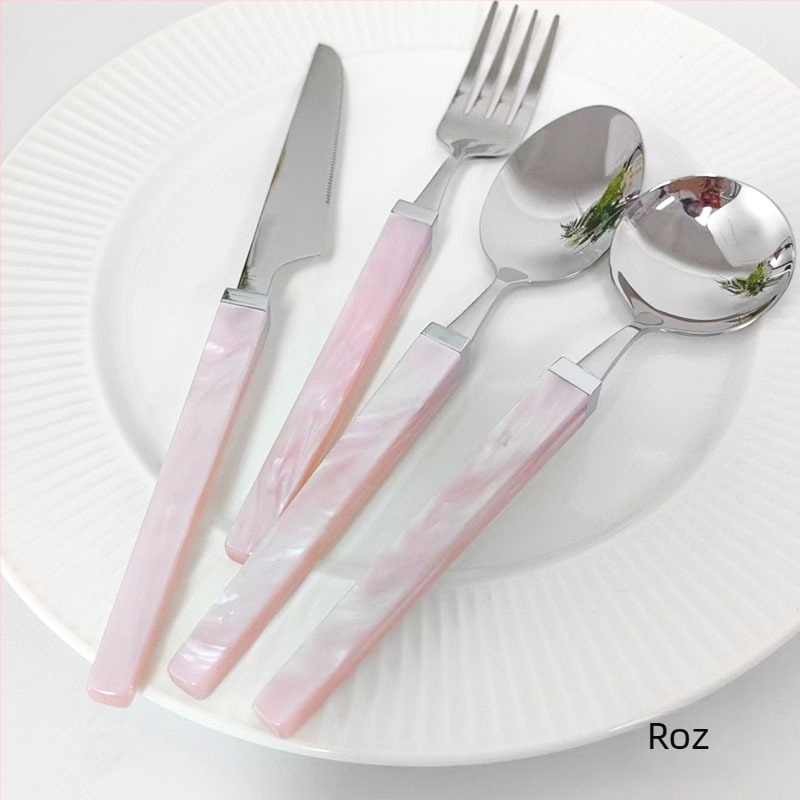 Set tacâmuri din oțel inoxidabil 304, cu mânere pătrate din acril perlat, cuțit, furculiță și lingură, design cub de zahăr, tacâmuri pentru masă de tip occidental