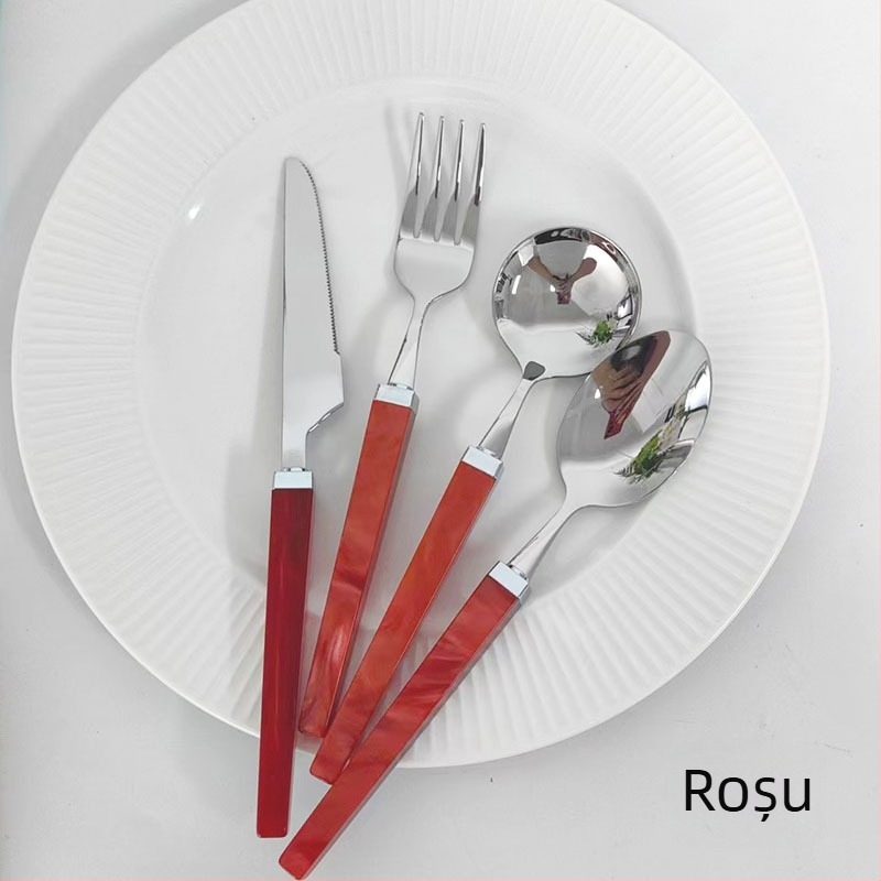 Set tacâmuri din oțel inoxidabil 304, cu mânere pătrate din acril perlat, cuțit, furculiță și lingură, design cub de zahăr, tacâmuri pentru masă de tip occidental