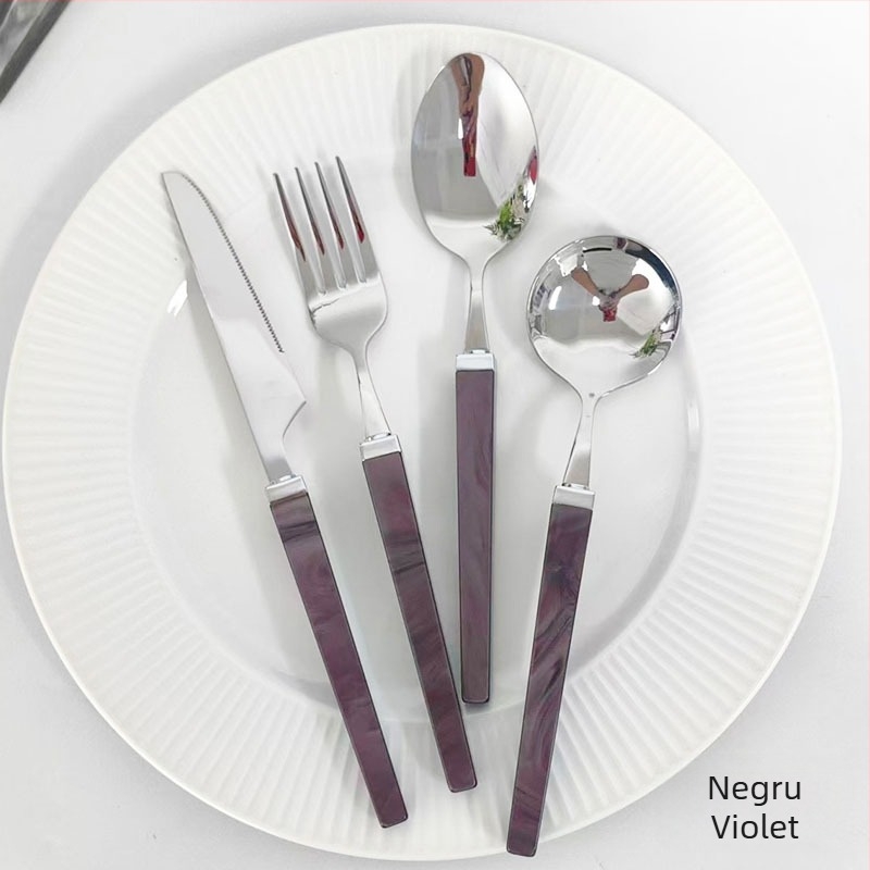 Set tacâmuri din oțel inoxidabil 304, cu mânere pătrate din acril perlat, cuțit, furculiță și lingură, design cub de zahăr, tacâmuri pentru masă de tip occidental