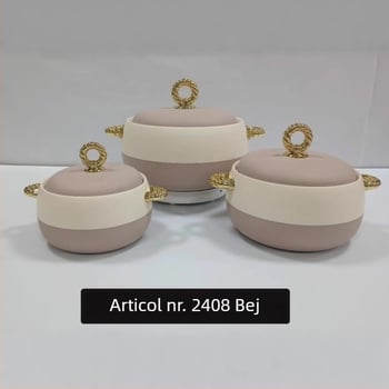 Set de cutii termoizolante pentru prânz din oțel inoxidabil, 3 piese (1 L, 2 L, 3,5 L), cu mâner auriu, model 2408