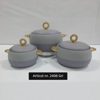 Set de cutii termoizolante pentru prânz din oțel inoxidabil, 3 piese (1 L, 2 L, 3,5 L), cu mâner auriu, model 2408