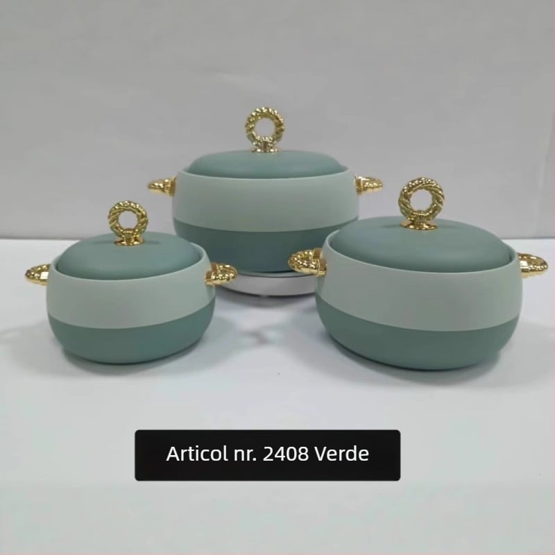 Set de cutii termoizolante pentru prânz din oțel inoxidabil, 3 piese (1 L, 2 L, 3,5 L), cu mâner auriu, model 2408