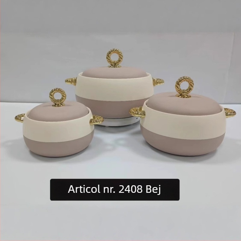 Set de cutii termoizolante pentru prânz din oțel inoxidabil, 3 piese (1 L, 2 L, 3,5 L), cu mâner auriu, model 2408