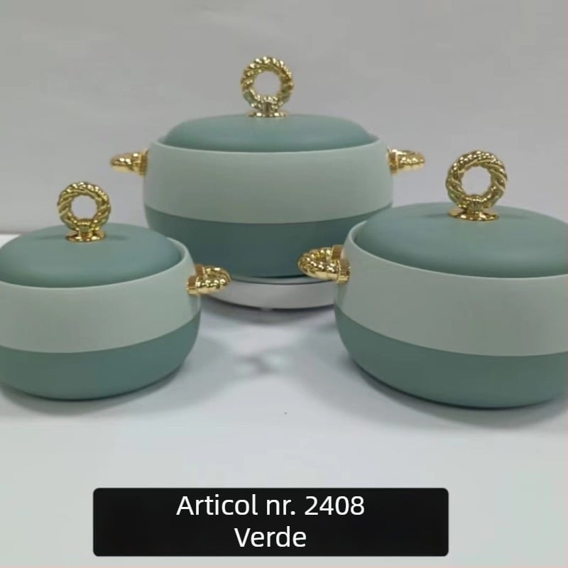 Set de cutii termoizolante pentru prânz din oțel inoxidabil, 3 piese (1 L, 2 L, 3,5 L), cu mâner auriu, model 2408