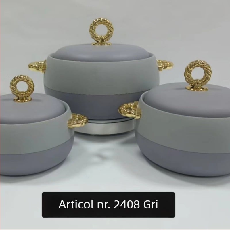 Set de cutii termoizolante pentru prânz din oțel inoxidabil, 3 piese (1 L, 2 L, 3,5 L), cu mâner auriu, model 2408