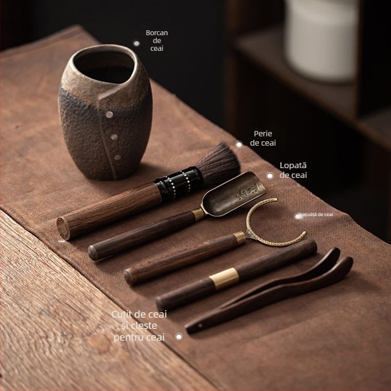 Set de accesorii pentru ceremonia ceaiului din ceramică brută, cu cei Șase Domni ai Ceaiului, Clips pentru Ceai, Cuțit pentru Ceai și Lingură pentru Ceai din Lemn de Abanos (Accesorii Kung Fu Ceai) – Piese de schimb