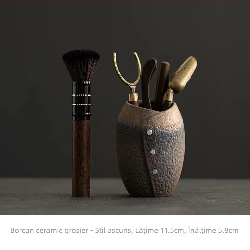Set de accesorii pentru ceremonia ceaiului din ceramică brută, cu cei Șase Domni ai Ceaiului, Clips pentru Ceai, Cuțit pentru Ceai și Lingură pentru Ceai din Lemn de Abanos (Accesorii Kung Fu Ceai) – Piese de schimb