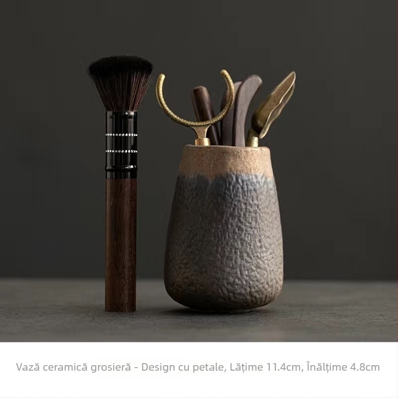 Set de accesorii pentru ceremonia ceaiului din ceramică brută, cu cei Șase Domni ai Ceaiului, Clips pentru Ceai, Cuțit pentru Ceai și Lingură pentru Ceai din Lemn de Abanos (Accesorii Kung Fu Ceai) – Piese de schimb