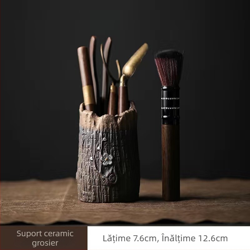 Set de accesorii pentru ceremonia ceaiului din ceramică brută, cu cei Șase Domni ai Ceaiului, Clips pentru Ceai, Cuțit pentru Ceai și Lingură pentru Ceai din Lemn de Abanos (Accesorii Kung Fu Ceai) – Piese de schimb