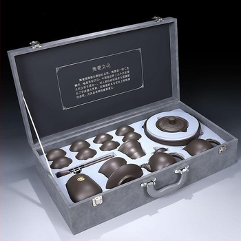 Set Gongfu de ceai din lut mov, potrivit pentru casă, sufragerie și birou — ceainic ceramic cu capac, bol cu capac și cești de ceai într-o cutie cadou