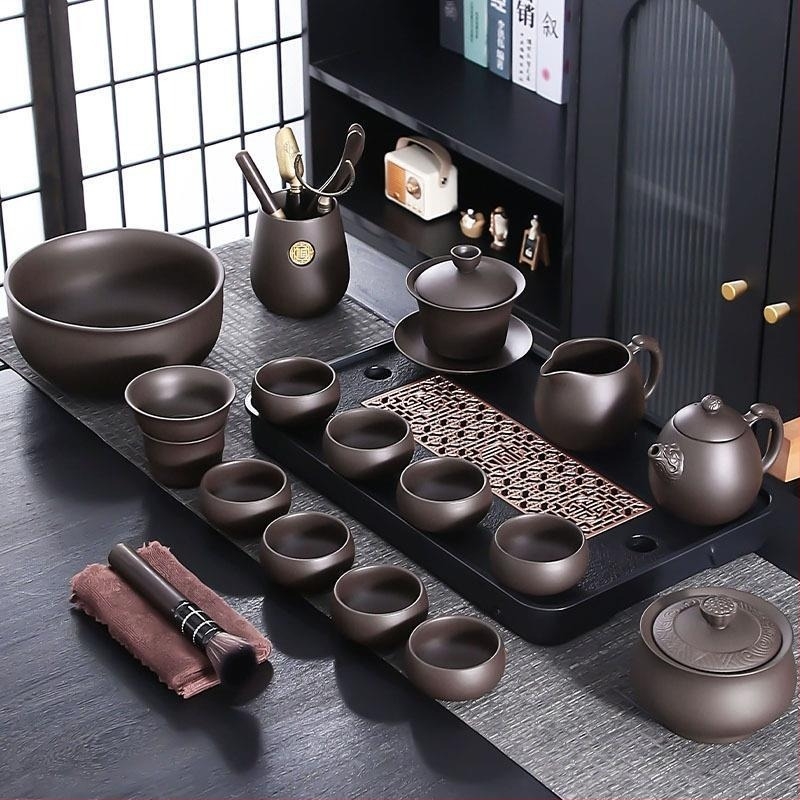 Set Gongfu de ceai din lut mov, potrivit pentru casă, sufragerie și birou — ceainic ceramic cu capac, bol cu capac și cești de ceai într-o cutie cadou