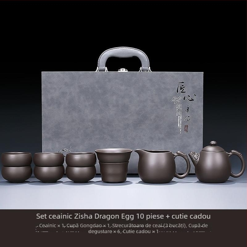 Set Gongfu de ceai din lut mov, potrivit pentru casă, sufragerie și birou — ceainic ceramic cu capac, bol cu capac și cești de ceai într-o cutie cadou