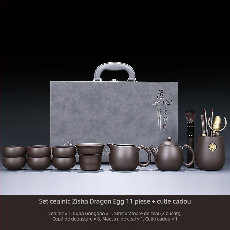 Set Gongfu de ceai din lut mov, potrivit pentru casă, sufragerie și birou — ceainic ceramic cu capac, bol cu capac și cești de ceai într-o cutie cadou